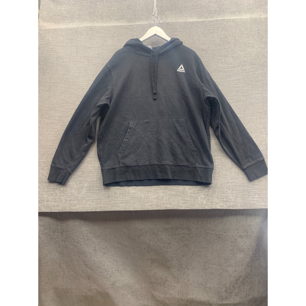 Reebok Hoodie Mens Large Black Cotton Fleece Lined Delta Logo Kangaroo Pockets